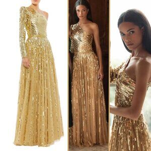 Mac Duggal 5508 Size 16 Gold One Shoulder Sequined Beaded Long Maxi Gown Dress
